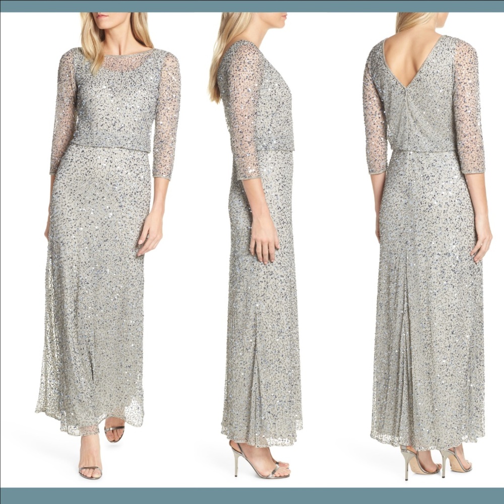 NWT Pisarro Nights Bead‎ Embellished Blouson Evening Gown Silver [SZ 8 ]